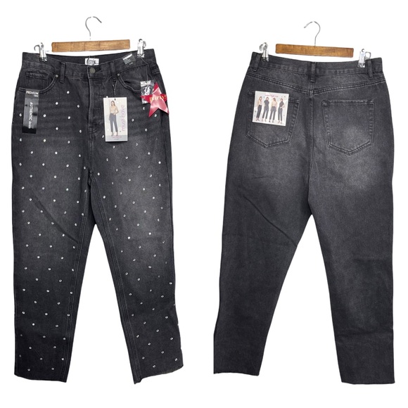 Simply Society Super High Rise Straight Black Gray Gem Polka Dot Jeans - Picture 1 of 12